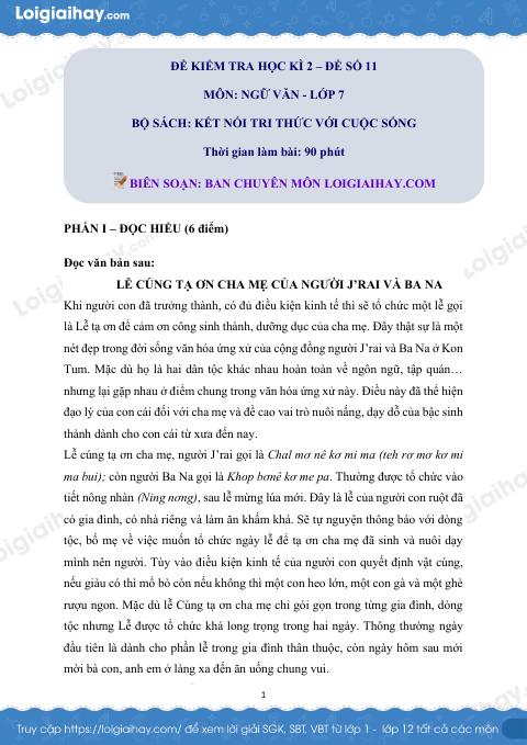 Đề thi học kì 2 Văn 7 Kết nối tri thức - Đề số 11